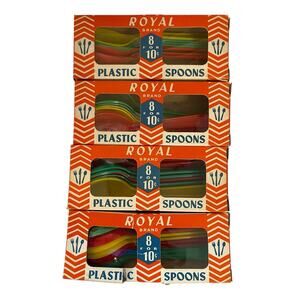 Vintage Retro Royal Brand Plastic Spoons 1950's 4 Box of 8 Multi Color Full Size